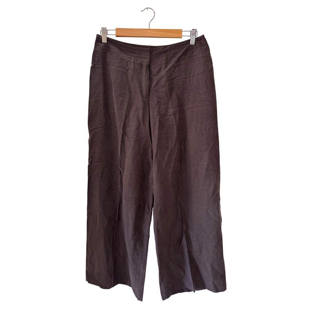 Linen Silk Blend Wide Leg Pants Size 10P Brown Lagenlook Quiet Luxury Minimalist